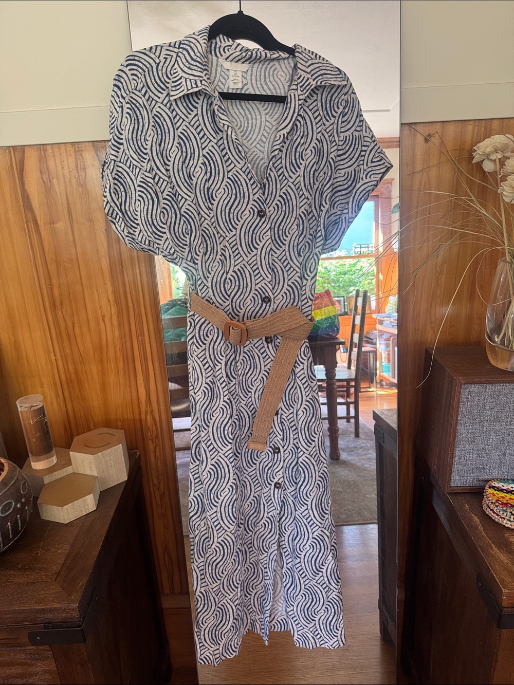 H&M Navy and White Patterned Midi Shirt Dress with Tan Belt